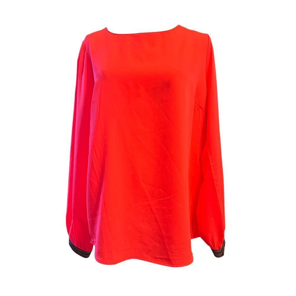Stella and Dot Soiree Top Blouse Light Gold Metallic Cuff Coral Orange Sz L